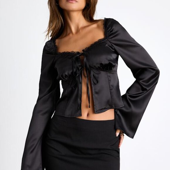 Lulus Tops - Lulus Bess Black Satin Tie-front Long Sleeve Top - Size S